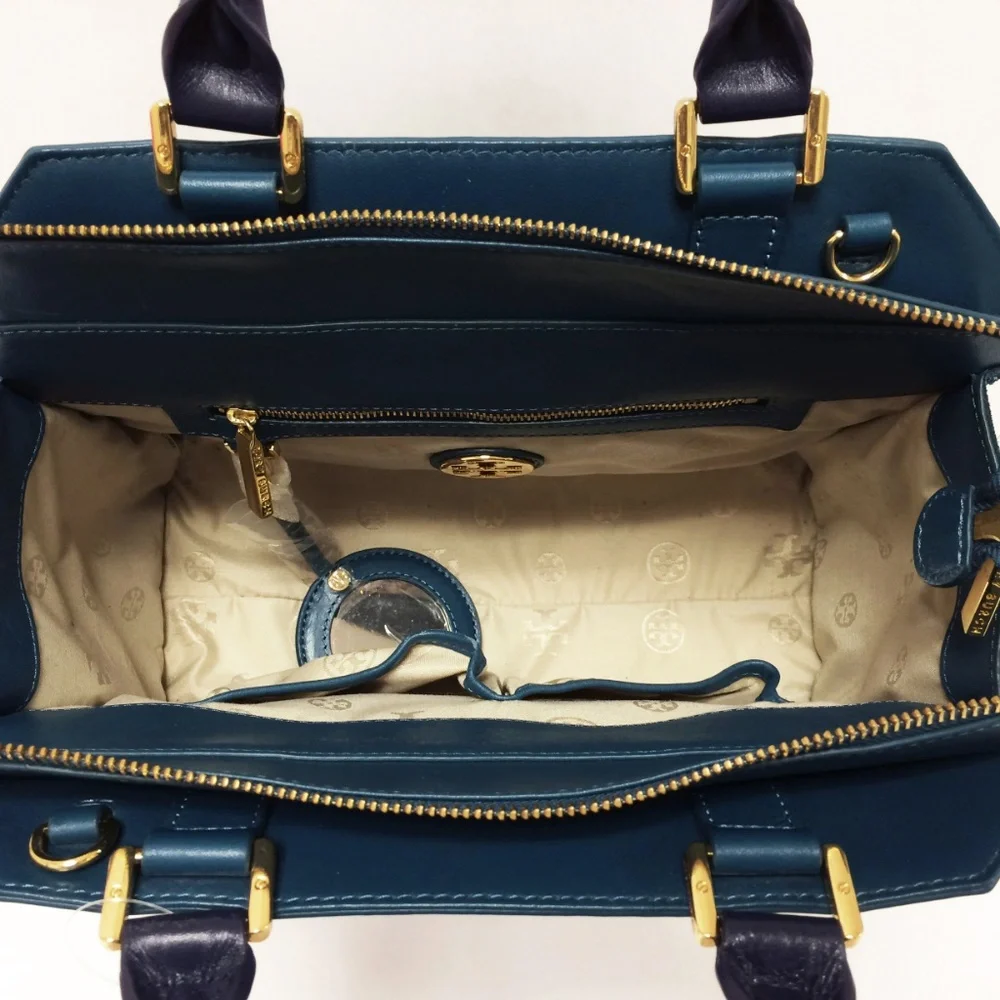 Tory Burch Penelope Satchel Teal Leather Suede Navy Handles Crossbody Strap
